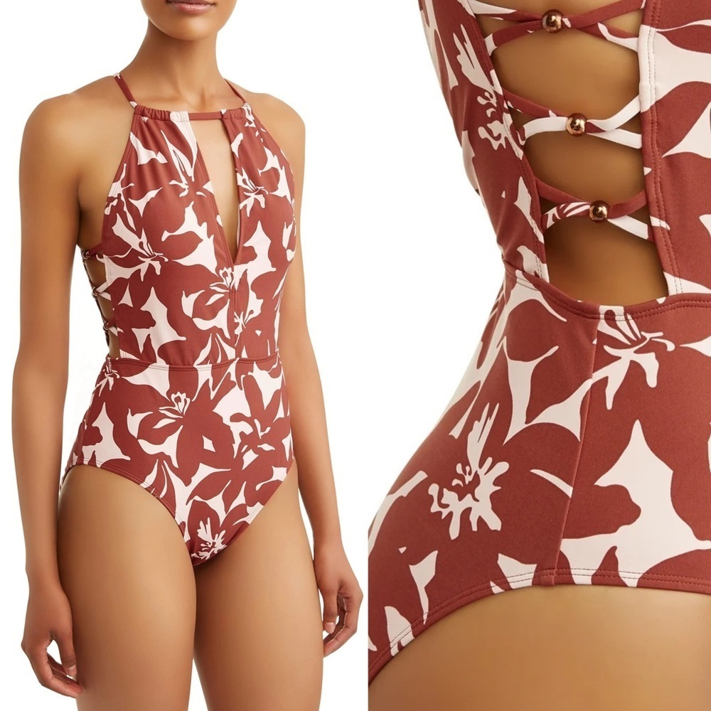 Time & True Brown Abstract Hula High Neck One Piece Swimsuit Women’s Size Small